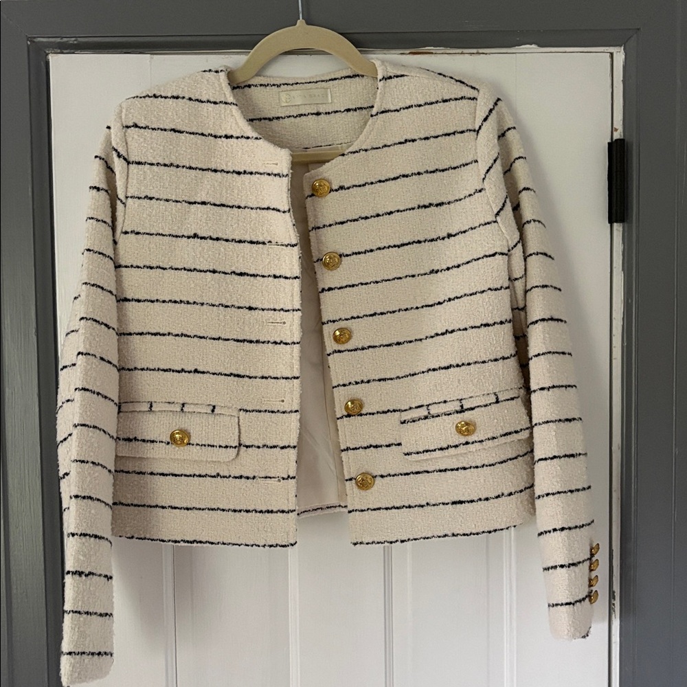Cream Striped Bomber Jacket with Gold Buttons